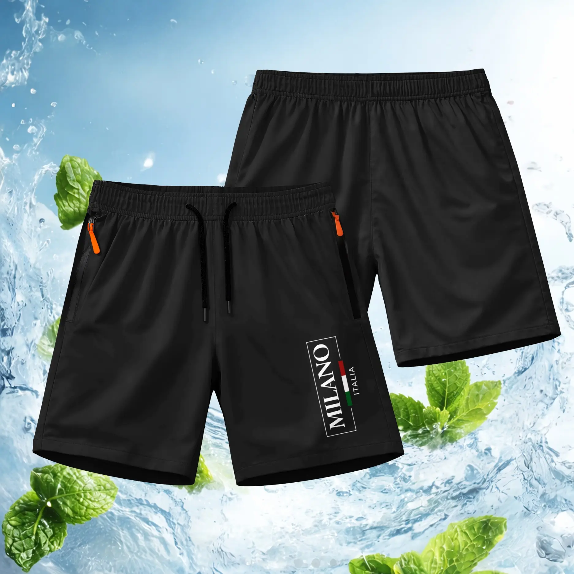 Men’s Italian Style Graphic Shorts Lightweight Quick Dry Athletic Running Shorts – Milano Inspired Letter Print Workout Shorts with Zipper Pockets, Elastic Waist Drawstring, Breathable Shorts for Fitness, Casual, Street Style