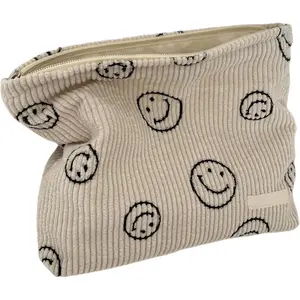 Cosmetic Bags for Women - Corduroy Cosmetic Bag Aesthetic Women Handbags Purses Smile Dots Makeup Organizer Storage Makeup Bag Girls Case Bags (A-Beige)
