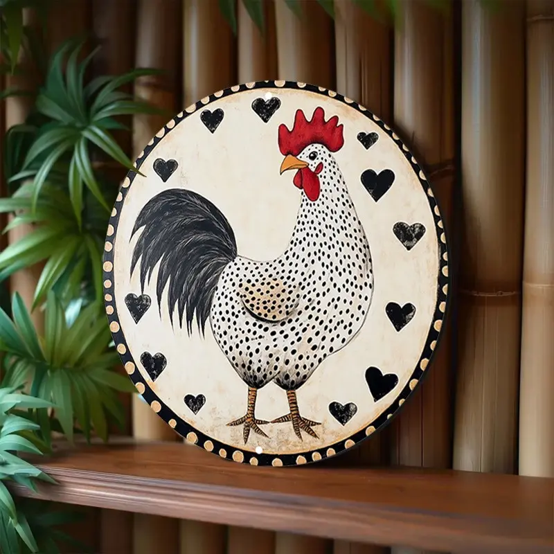 Rustic Rooster Sign with Hearts Border - Vintage Metal Wall Art for Beach House, Retro Cafe - Indoor/Outdoor Home Decor Plaque, Rustic Home Signs, Vintage Home Signs