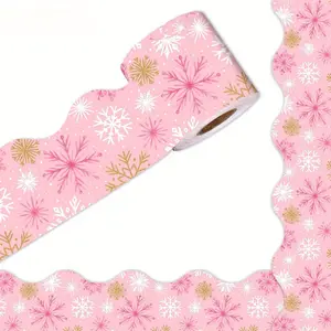 65FT Christmas Bulletin Board Border, Self-Adhesive Winter Snowflake Decorative Trim with Gold and Pink Design, Classroom Door Wall Decor, Holiday Party Decoration