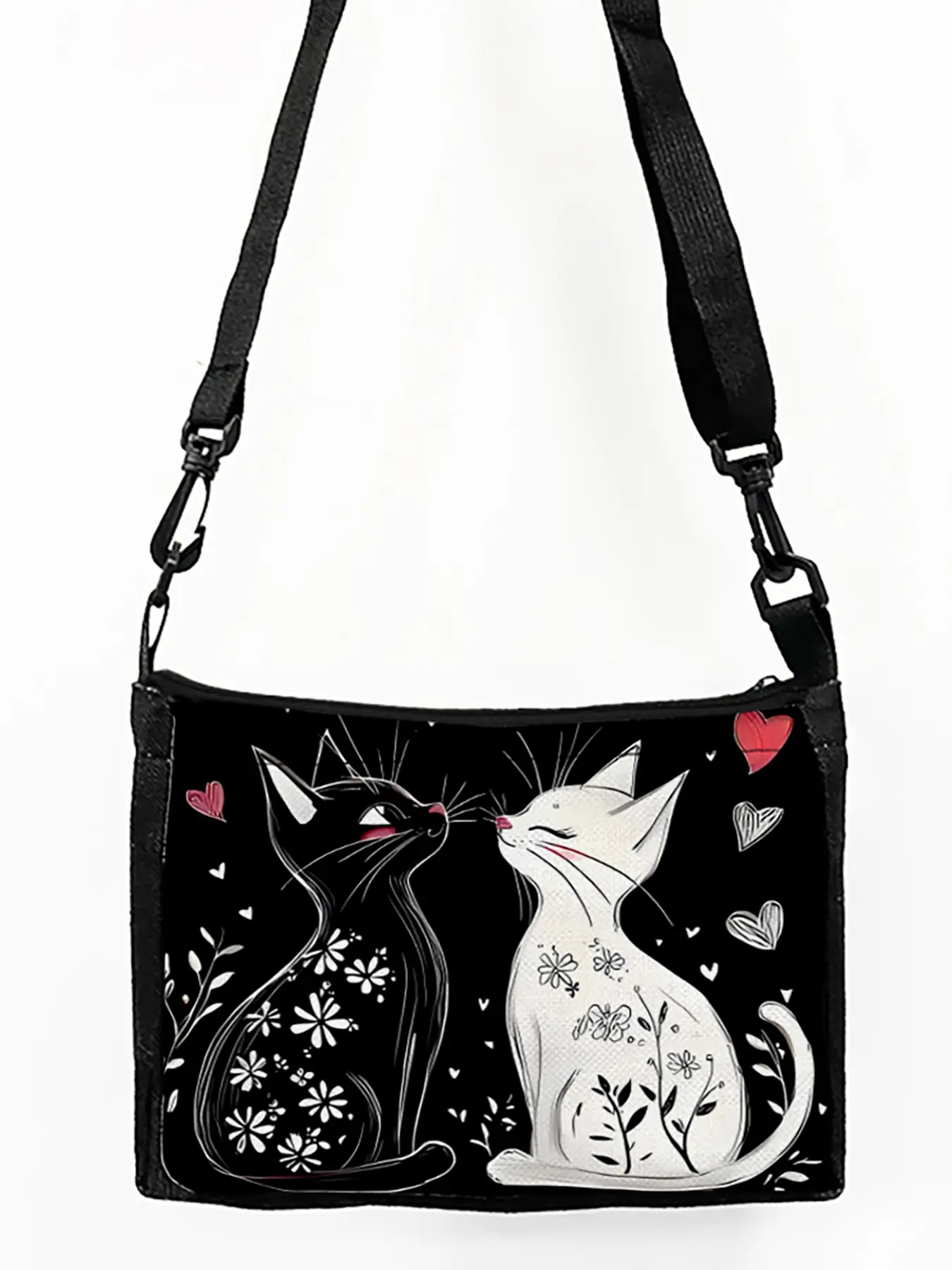 Cute Love Cat Series Crossbody Shoulder Bag, Lightweight Fashionable Patterned Design, Durable Zipper Closure, Adjustable Strap, Women's Casual Handbag, Print Handle Satchel, Cross Body Bags
