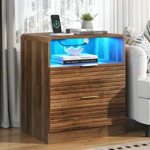 Walnut Nightstand with Charging Station, Walnut Bedside Table with LED Lights, Night Stand with Drawer and Storage,End Table Modern Large Nightstands with Open Storage for Bedroom