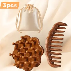 3pc Sandalwood Massage Comb Set, Crescent Air Cushion Comb, Acupressure Massage Comb, Pumpkin Massage Head Comb, Free Mesh Pouch