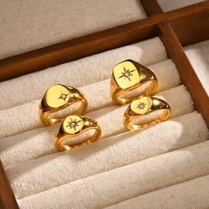 Stainless Steel Sunshine Signet Pinky Ring, Cubic Zirconia Inlay Ring Gold Plated, Non-Tarnish Fashion Jewelry