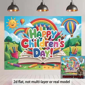 Summervibes 2D Flat, 2D Flat Banner 1pc, Happy Children's Day with Rainbow, Pencils, and Balloons Suitable for Wall Background Cloth Decoration in Living Rooms, Bedrooms, and Offices, as Well as Home Deco