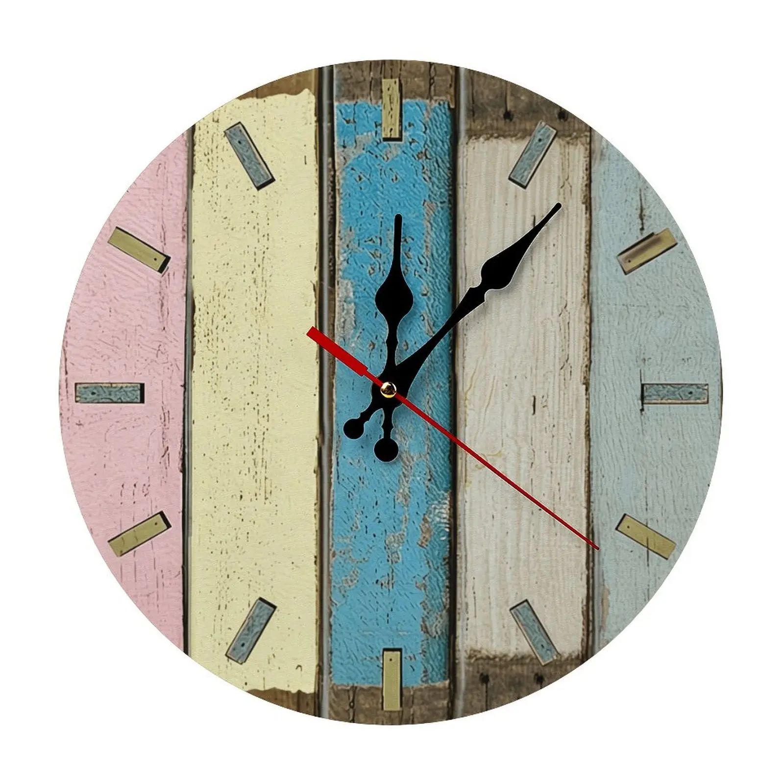 11.8 Inch Farmhouse Rustic Distressed Round Wood Wall Clock - Multicolor, Quiet, Battery-Operated, DIY Assembly Required Coastal Home Decor Supply