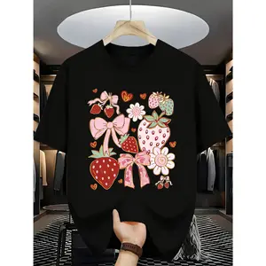 100% pure cotton, strawberry floral bow print women's short sleeve T-shirt, cute fresh sweet style, suitable for daily casual summer wear, ideal for women who like sweetness
