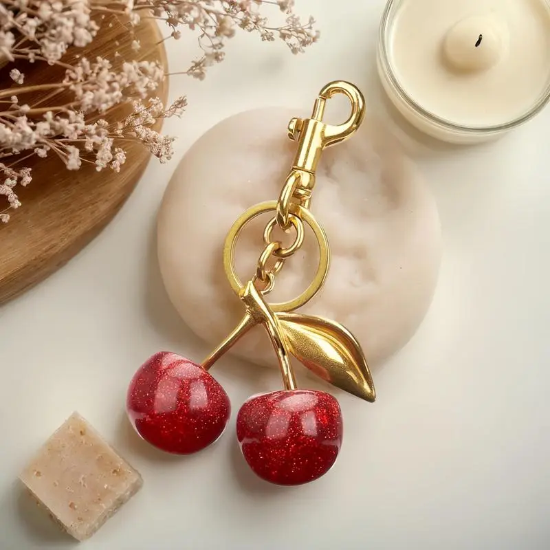 This is a small cherry keychain.Small cherry keychain bag decoration with golden and red sequins cherries. Suitable for handbags, gifts. Multi-functional and fun material.