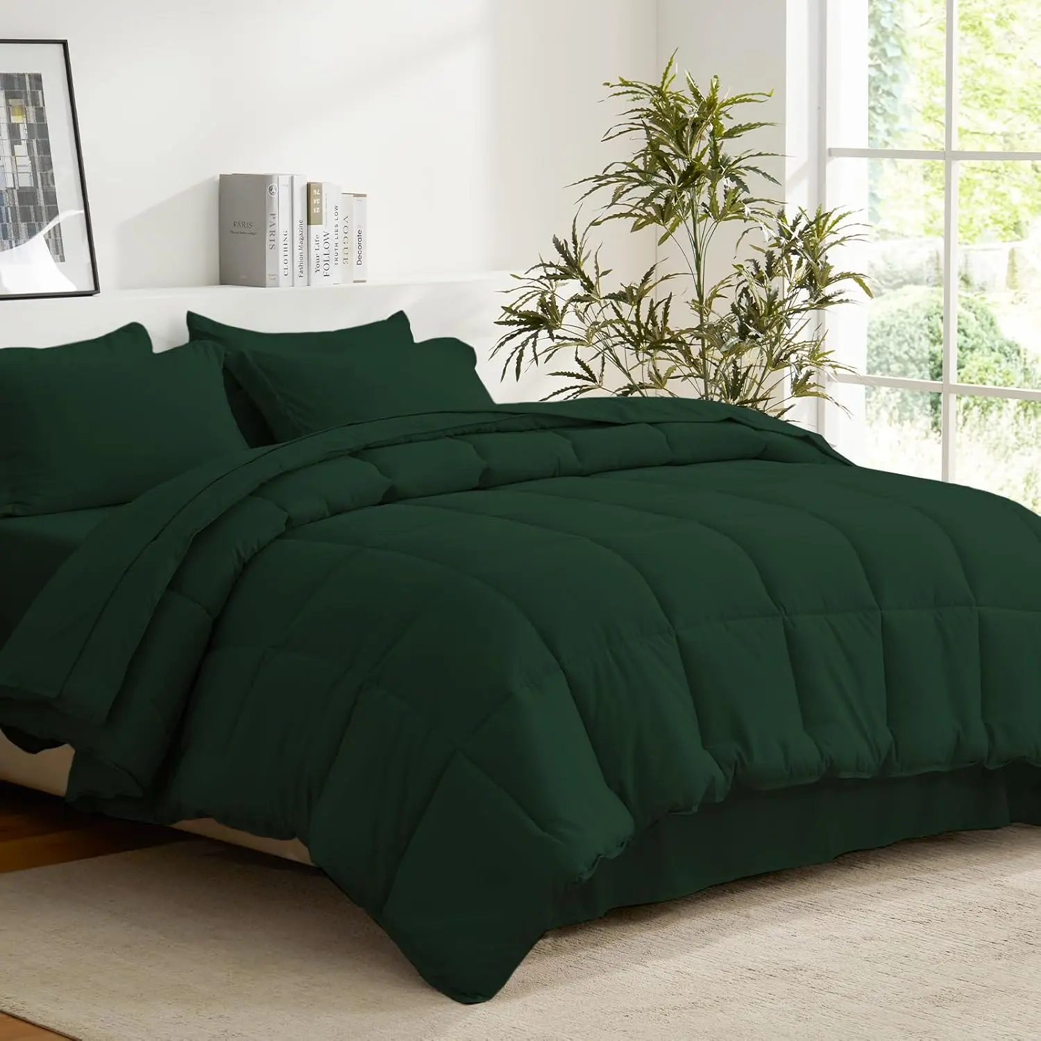 Comforter Set 7 count,  Green Bed in a Bag, All Season Lightweight Soft Reversible Bedding Set, 1 Comforter, 1 Flat Sheet, 1 Fitted Sheet, 2 Pillow Shams, 2 Pillowcases