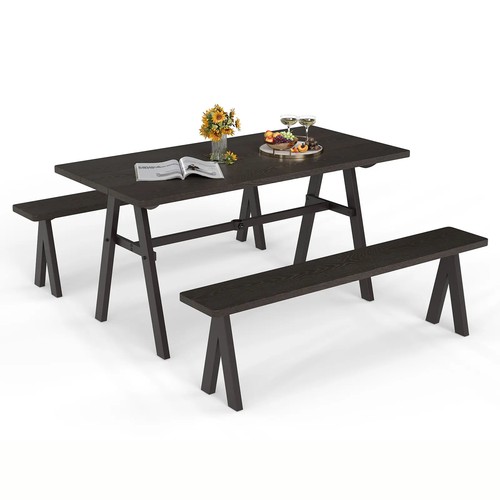 COSTWAY - 3 Pieces Outdoor Picnic Table and Benches Set for 6 People