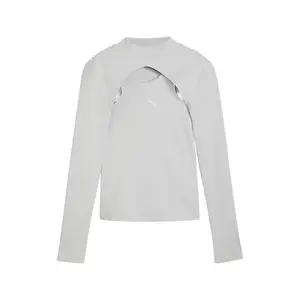PUMA Womens Dare To Midnight Motion Cutout Crew Neck Long Sleeve Shirt Casual Tops Casual - Grey