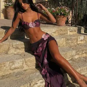 Floral Patterned 3Pc Bikini Set with Ruched Detailing and Tie-Band Waist for a Chic Look