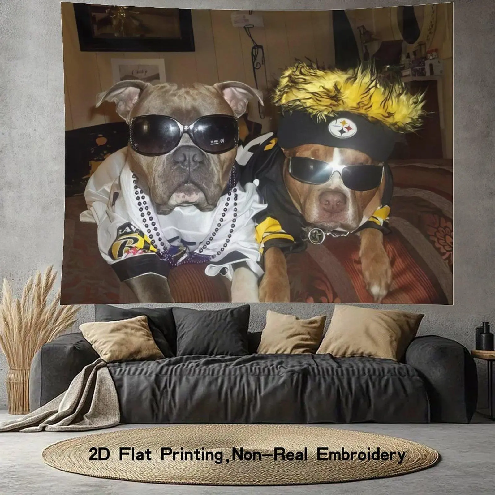 Pet Themed Rectangular Wall Tapestry - 2 Cool Pitbull Dogs in Sunglasses & Sport Outfits, Humoristic Animal Print Home Decor, Indoor Room Decor for Apartment Walls, Indoors