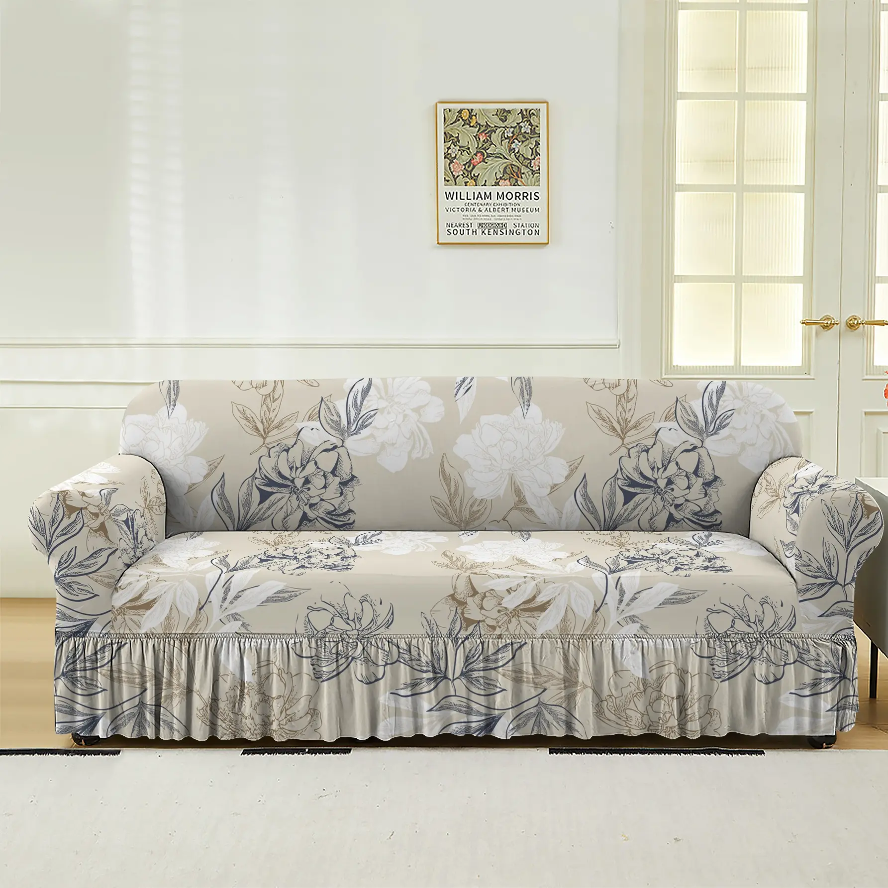 Stretchable Floral Sofa Cover with Fringe Skirt, Elastic Sofa Slipcover, Fits 1-3 Seater Armchair, Nylon/polyester Blend, All Seasons, Sofa Slipcover