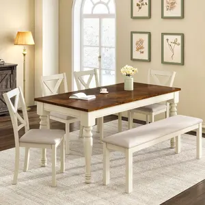 [Memorialday]VanAcc 6-Piece 60"/71" Solid Wood Dining Table Set, Large Dining Table with 4 Upholstered Chairs & 1 Long Bench, for Dining Room, Kitchen, Brown & Cream