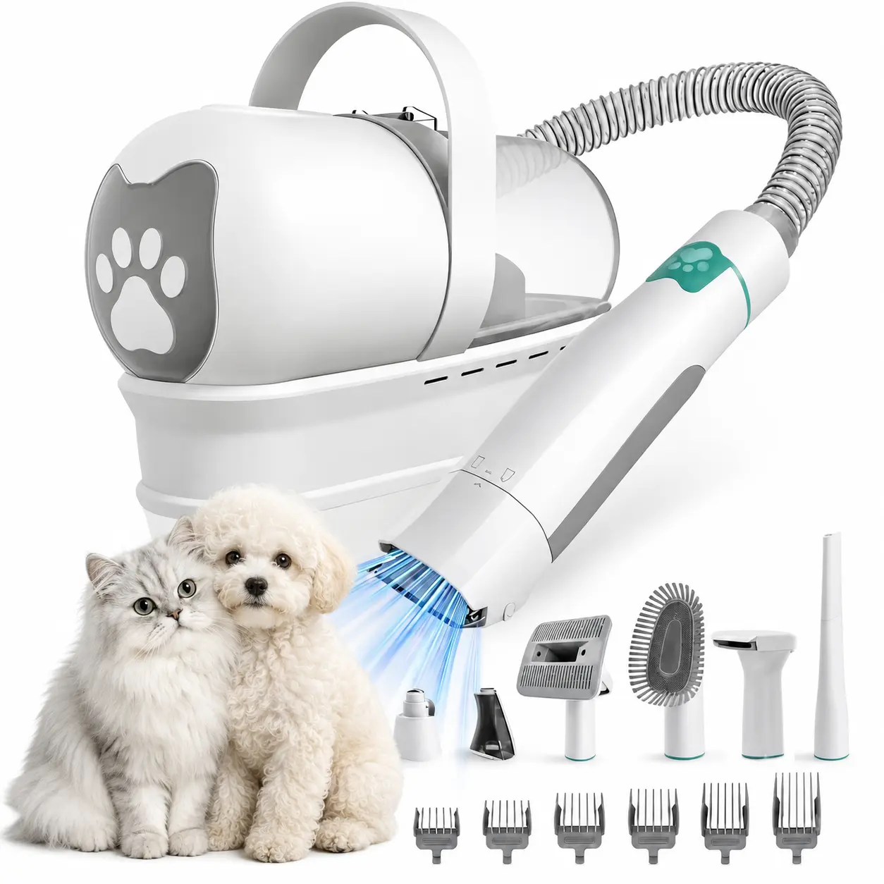 7-in-1 Home Pet Grooming Vacuum Kit, Dog Clippers for Shedding & Trimming, Paw Hair Trimmer & Nail Grinder with 6 Guide Combs