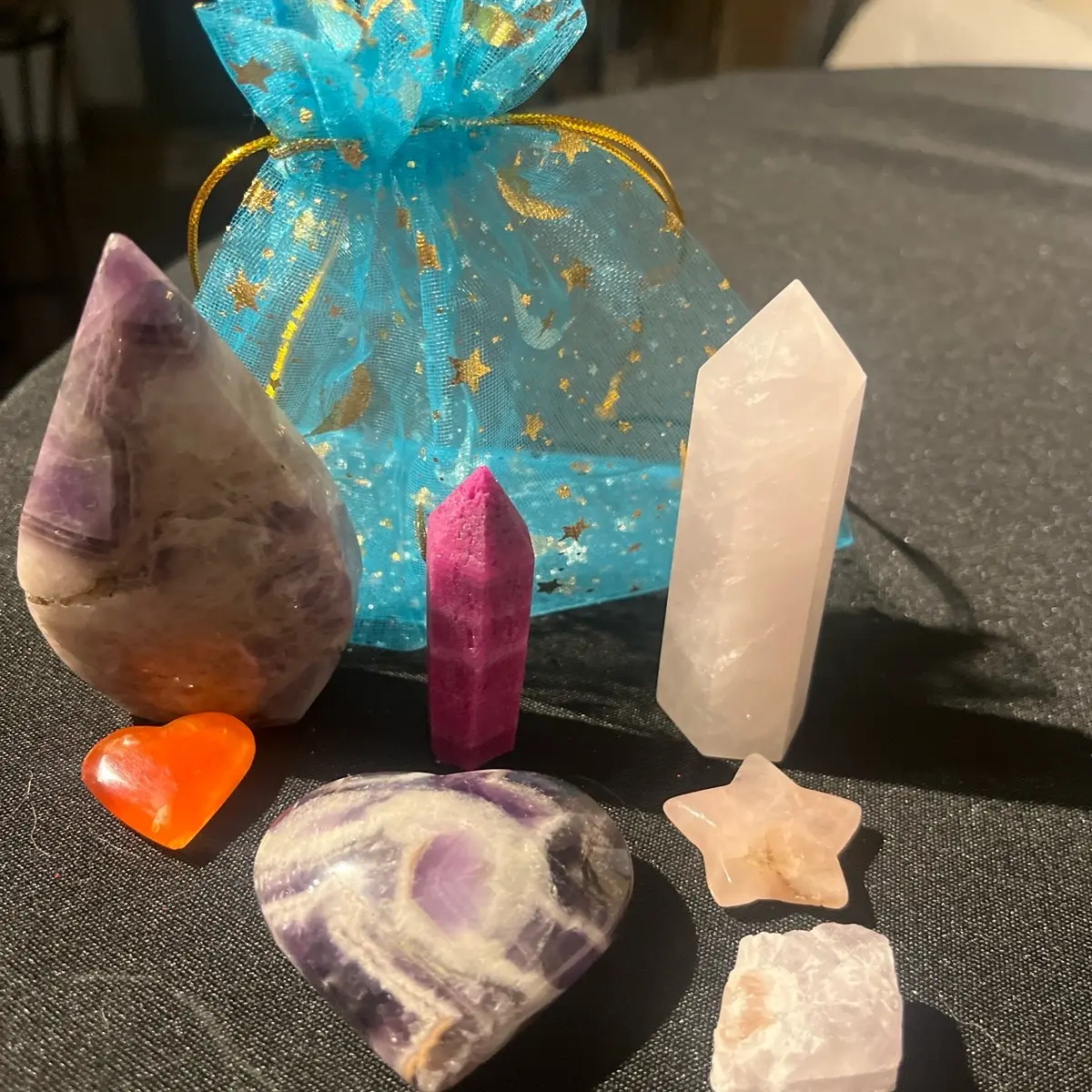 Amythest Love Bundle with Teardrop, Raw Crystal, Heart Crystals, Rose Quartz & Ruby Tower Crystals, Includes 7 Crystals for Elegant Space Enhancement