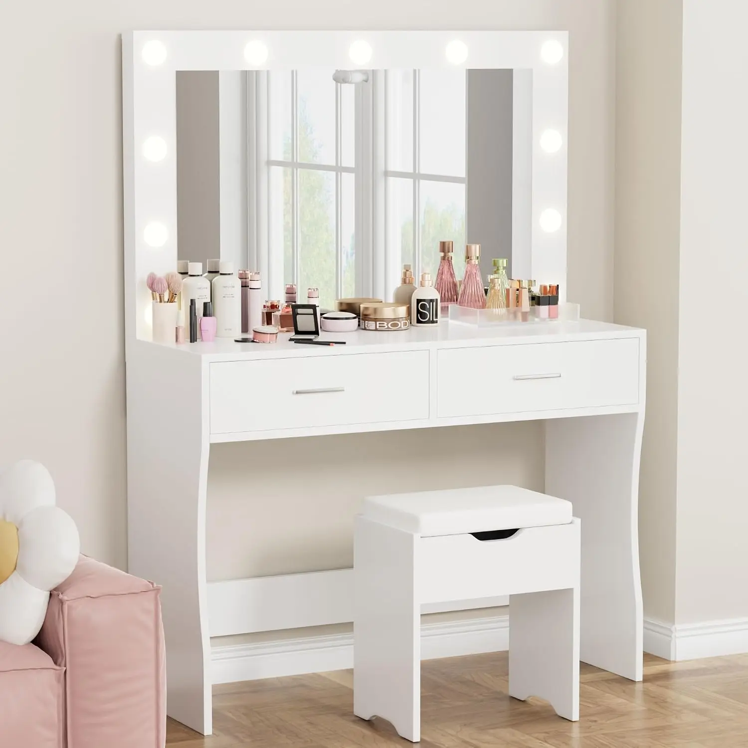 FURMAX 35.4" Vanity Desk Set with Mirror,Makeup Vanity Table with 11 Adjustable Lights and 2 Spacious Drawers,3 Lighting Modes with Control&Soft-Padded Storage Stool,Modern Bedroom Vanity Set, Pure White