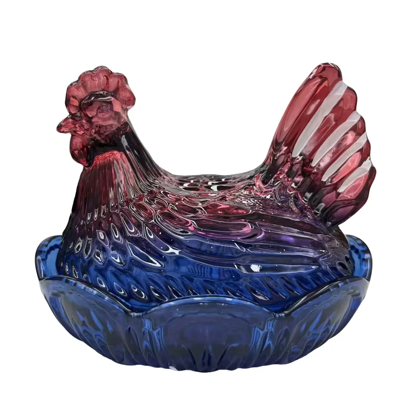 Patriotic Glass Hen Nesting Candy Plate with Lid - Red and Blue Gradient Hen-Shaped Bowl, Ideal for Independence Day Decor, Country-Style Kitchen Storage, Patriotic Collector's Item