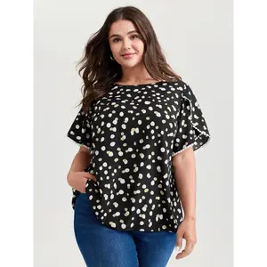 BloomChic Women's Plus-Size Short-Sleeve Lady Blouse - Irregular Polka Dot Print, Lace Trim, Smooth Polyester Fabric, Casual Fit, 2026 Summer Mother's Day Pick