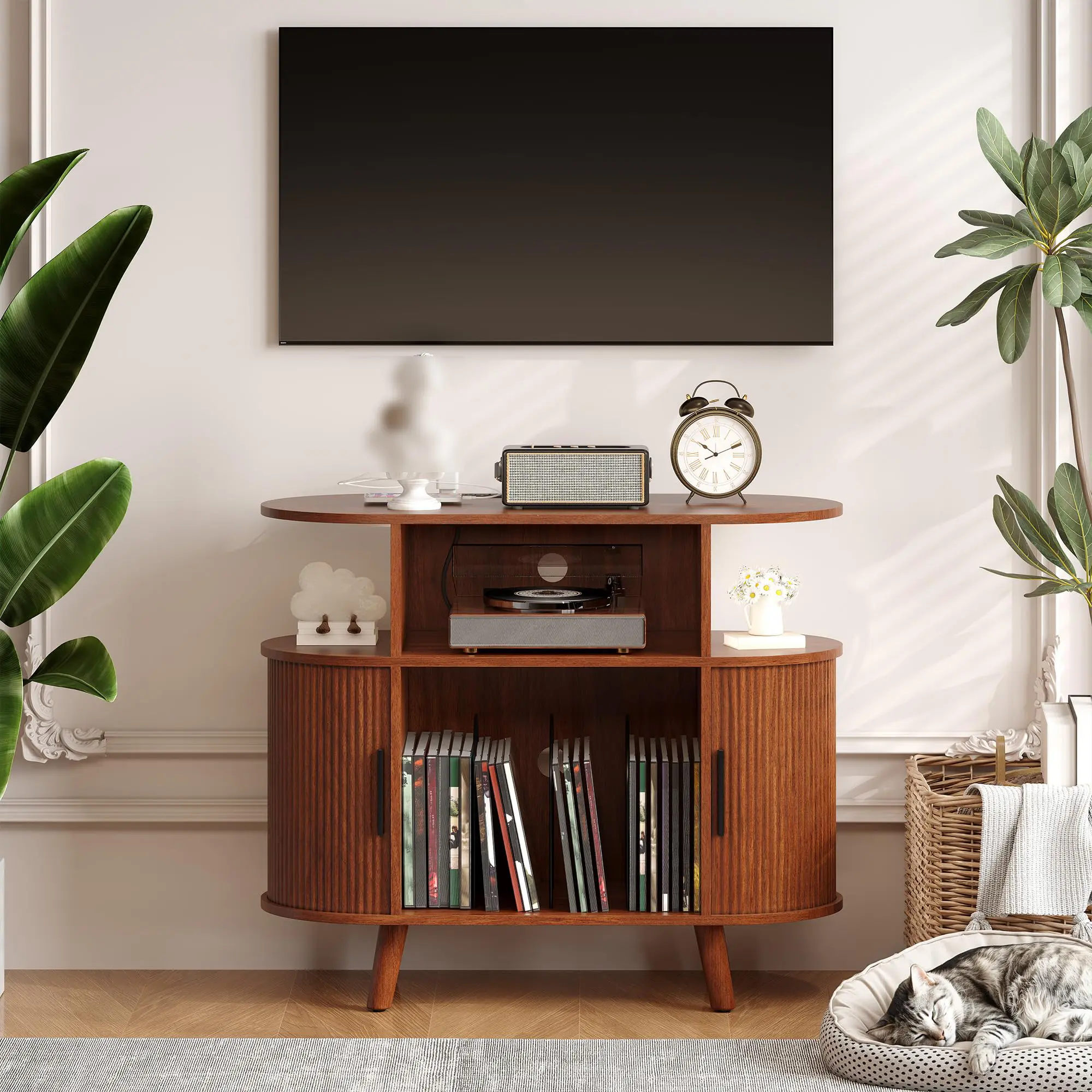 35'' Fluted Record Player Stand with Charging Station - Mid Century Turntable Cabinet for Living Room, Large Vinyl Storage & Display Shelf