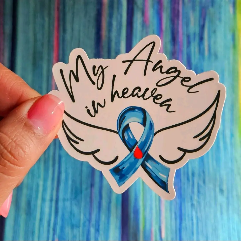 My Angel in Heaven Sticker with Blue Ribbon Design and Heart Symbol for Memorial Use.   Ribbon Color may be customizable!