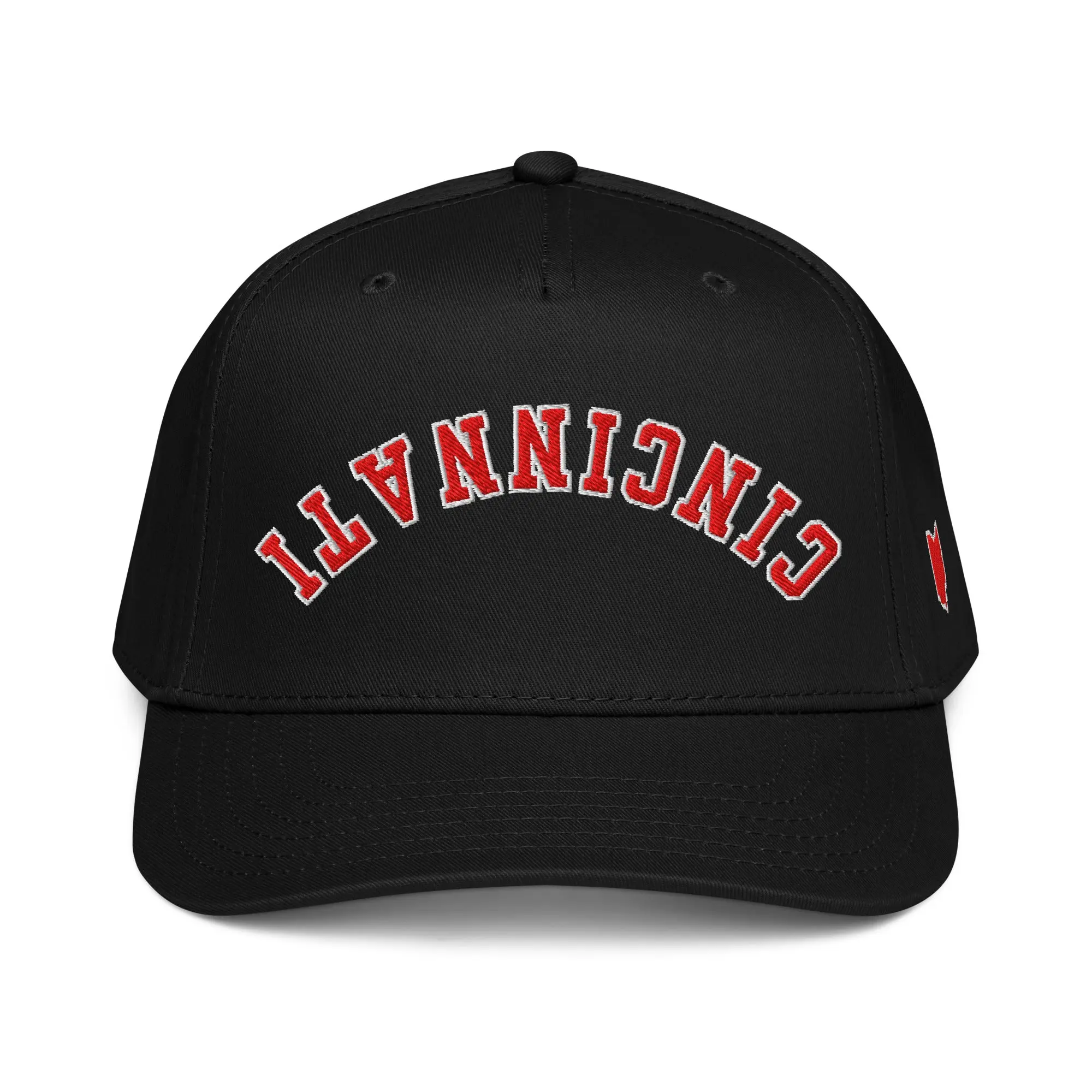Upside Down Curved Red Cincinnati Hat (Black)