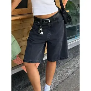 Women’s mid-high waist black denim shorts, casual loose fit knee-length, spring/summer jorts