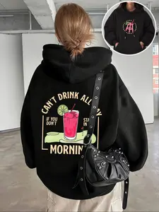 Women's Casual Hooded Drawstring Pocket Sweatshirt, Lemon Tequila Print Street Fashion, Geometric Pattern, Fitted Style, All Seasons