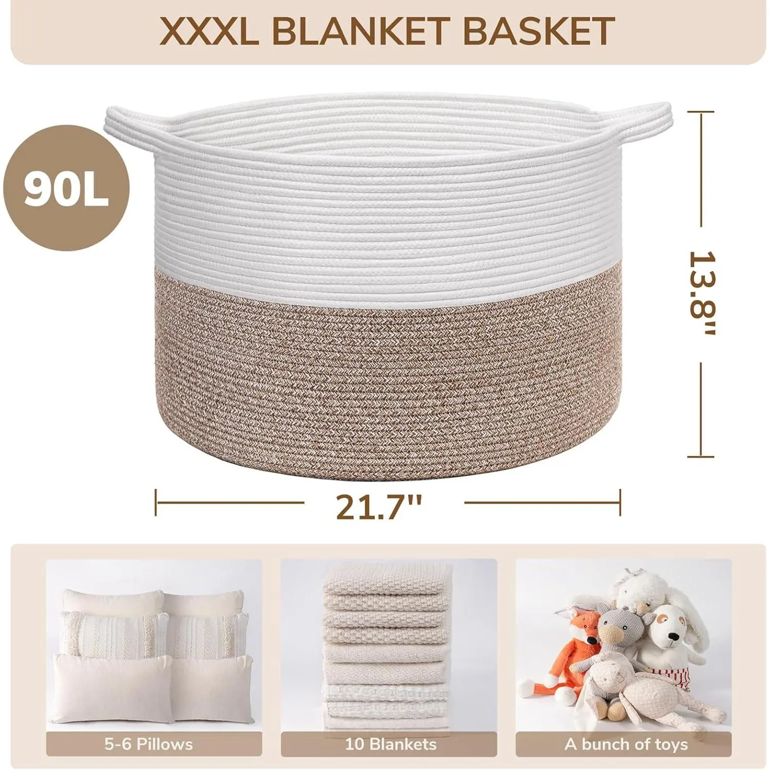 XXXLarge Blanket Basket for Living Room 21.7" x 21.7" x 13.8"-Storage Basket with Handle for Organizing Toy Pillows Woven Cotton Rope Laundry Basket Stuffed Animal Toy Storage for Play Room XXXLarge Blanket Basket for Living Room 21.7" x 21.7" x 13.8"-Storage Basket with Handle for Organizing Toy Pillows Woven Cotton Rope Laundry Basket Stuffed Animal Toy Storage for Play Room