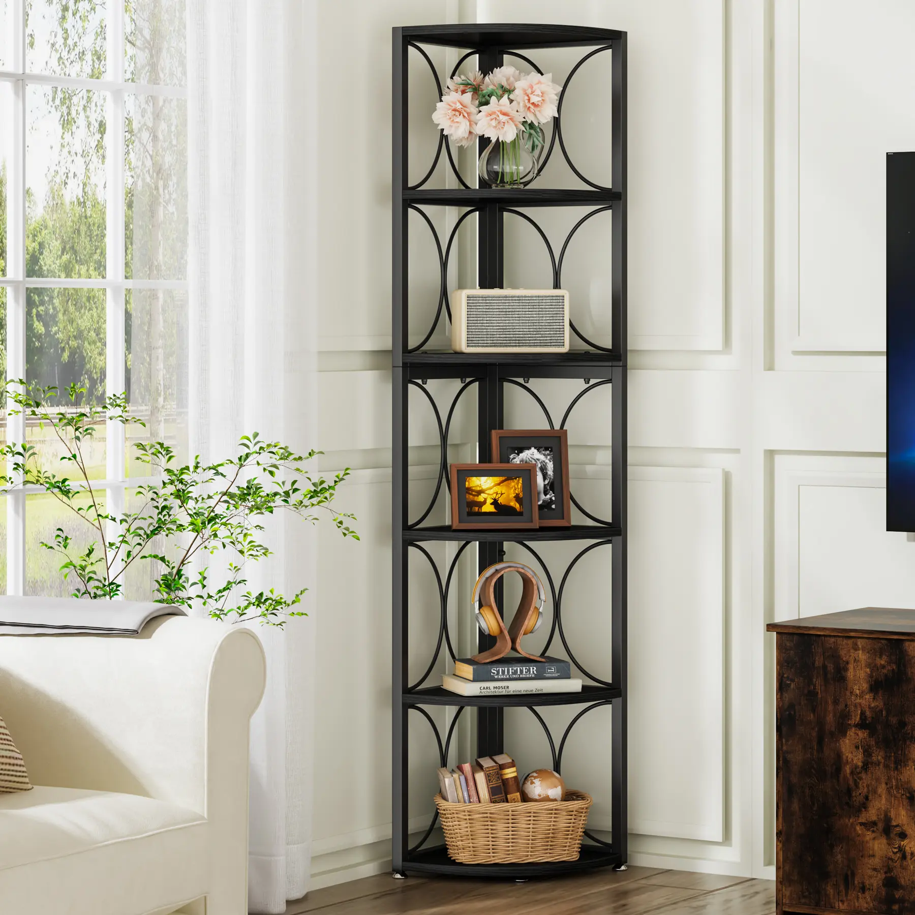 LITTLE TREE 67 inch Tall Corner Shelf, 6 Tier Rustic Corner Bookshelf Bookcase Storage Rack Standing Shelving Unit for Living Room, Small Space