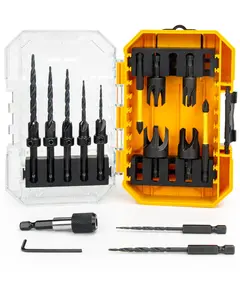 16PCS Wood Countersink Drill Bit Set, Adjustable Depth Tapered Bits with 4 Plug Cutters, 1/4" Hex Shank Counter Sink Tools with Storage Box