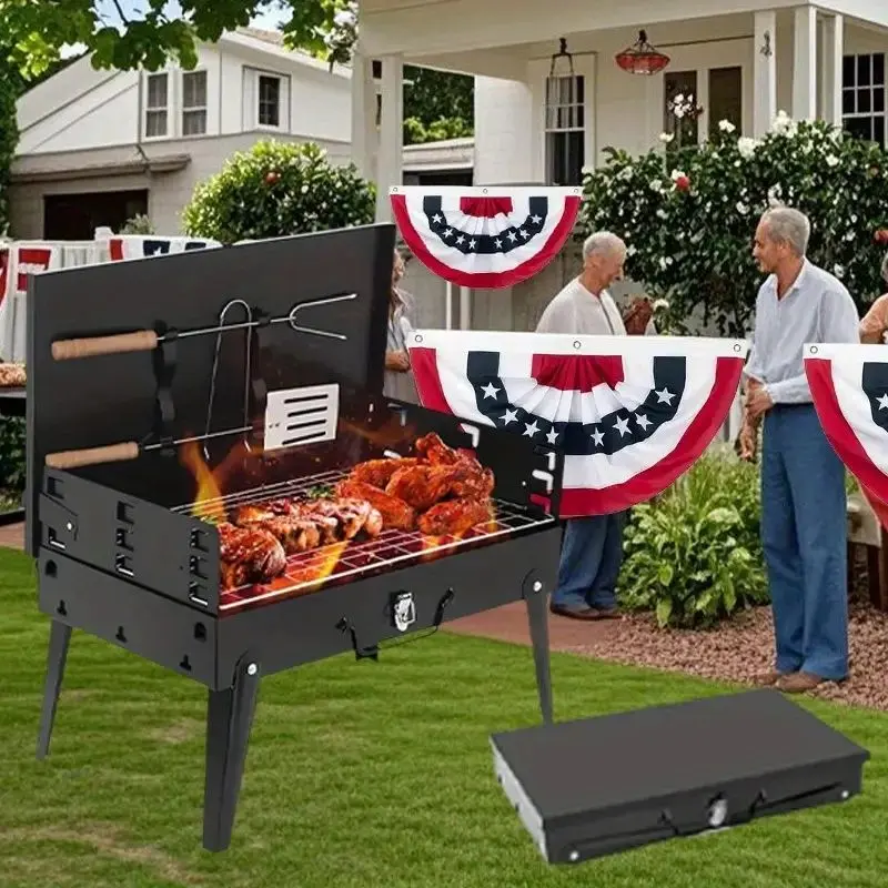 "Portable Charcoal Grill – Thickened Steel Folding BBQ with Tool Storage – Cookout Friendly"