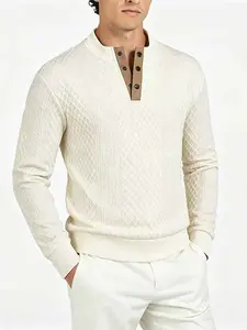 Men's Diamond Waffle Pullover Sweatshirt, a Casual Loose Fit Top with Stand Collar, Contrast Half-Button V-Placket and Elastic Ribbed Trim for Office