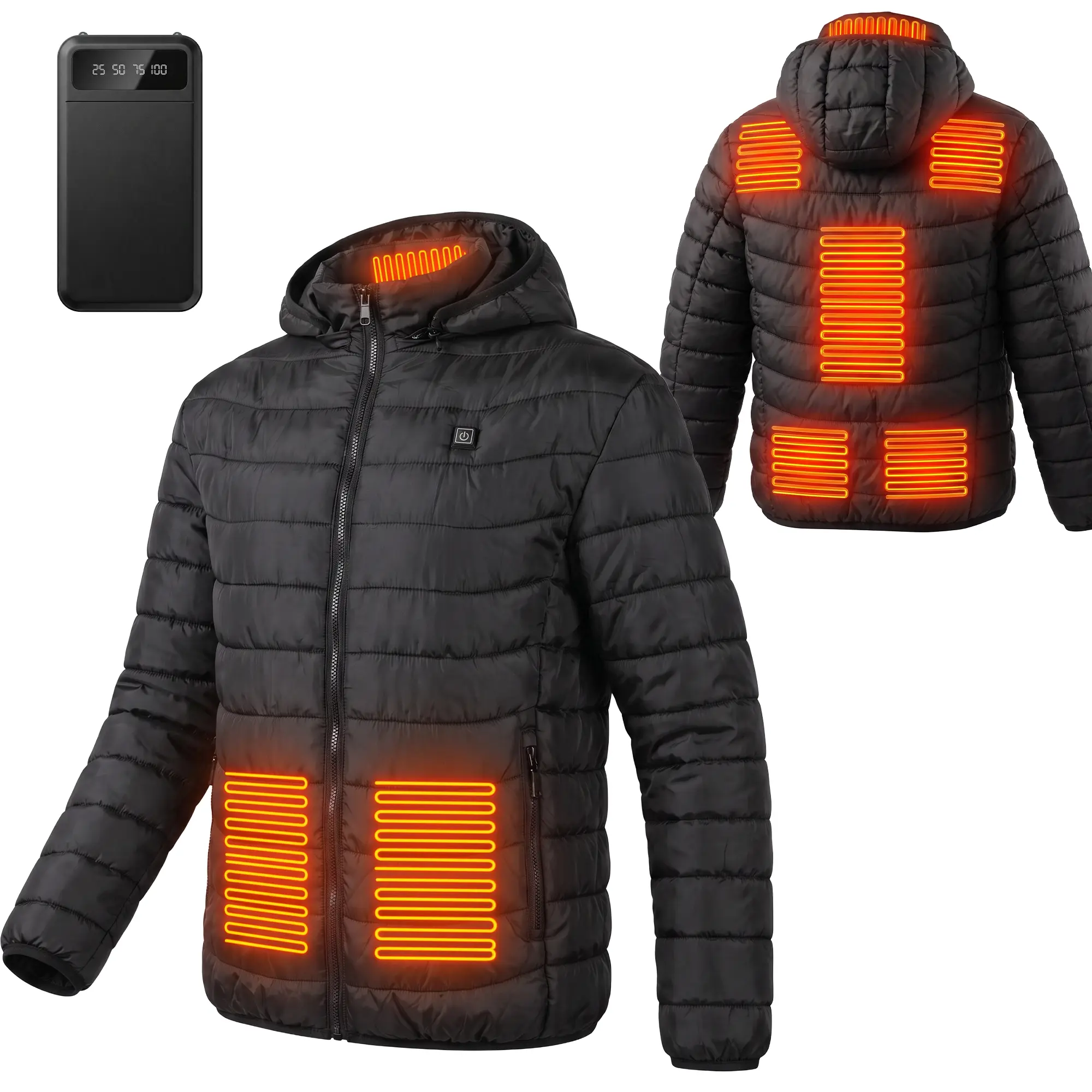 Men's Casual Plain Heated Zip-Up Jacket - Long Sleeve Winter Outerwear with Included Battery Pack, 9 Heating Zones, Independent Switch, 3 Adjustable Heat Levels, Zippers, for Outdoor Work, Mens Gifts for Christmas