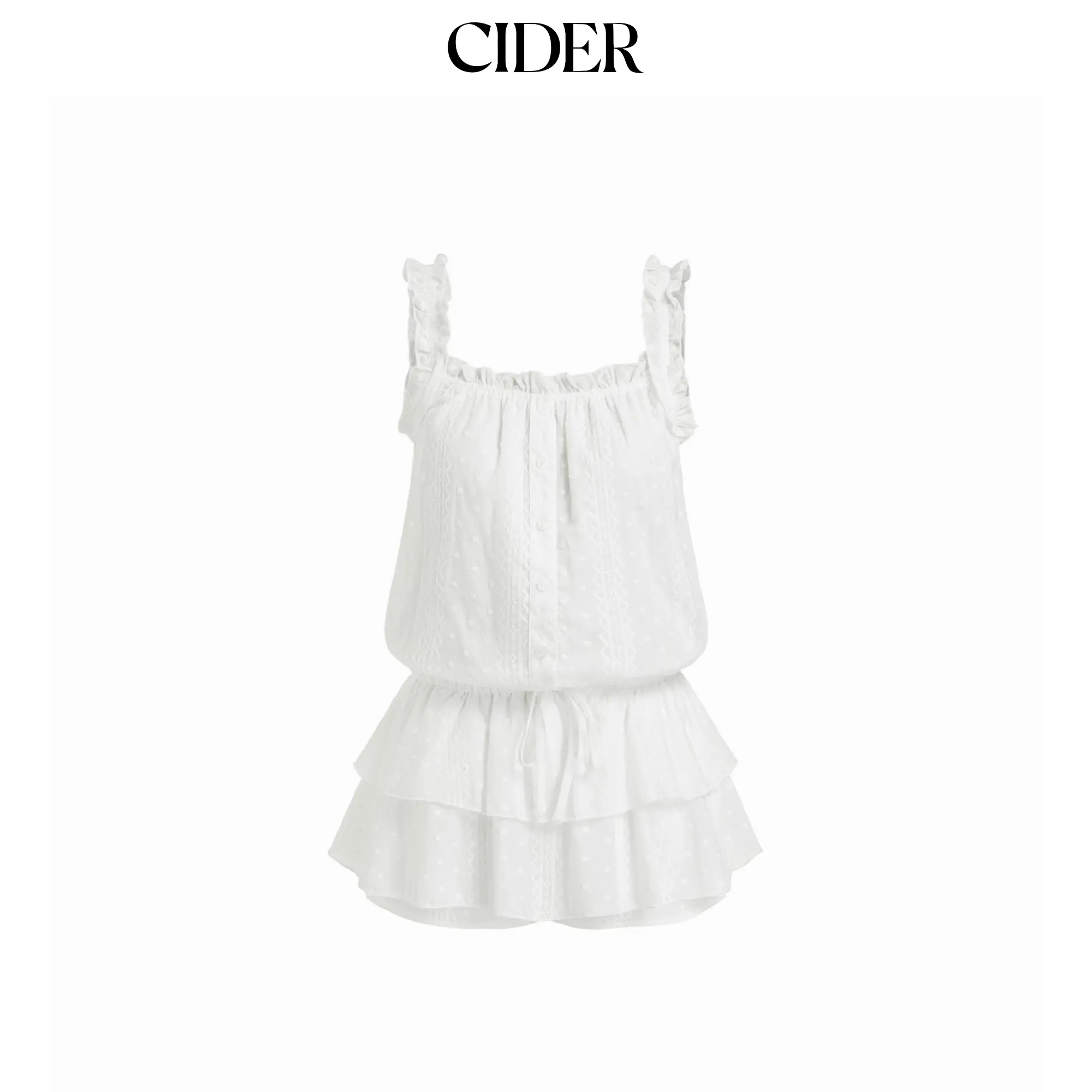 Cider Women's Cotton Square Neck Sleeveless Short Overalls - Adjustable Straps, Lace Texture, Ruffles, Drawstring, Lettuce Trim, XXS-S Sizes, Built-In Romper Design