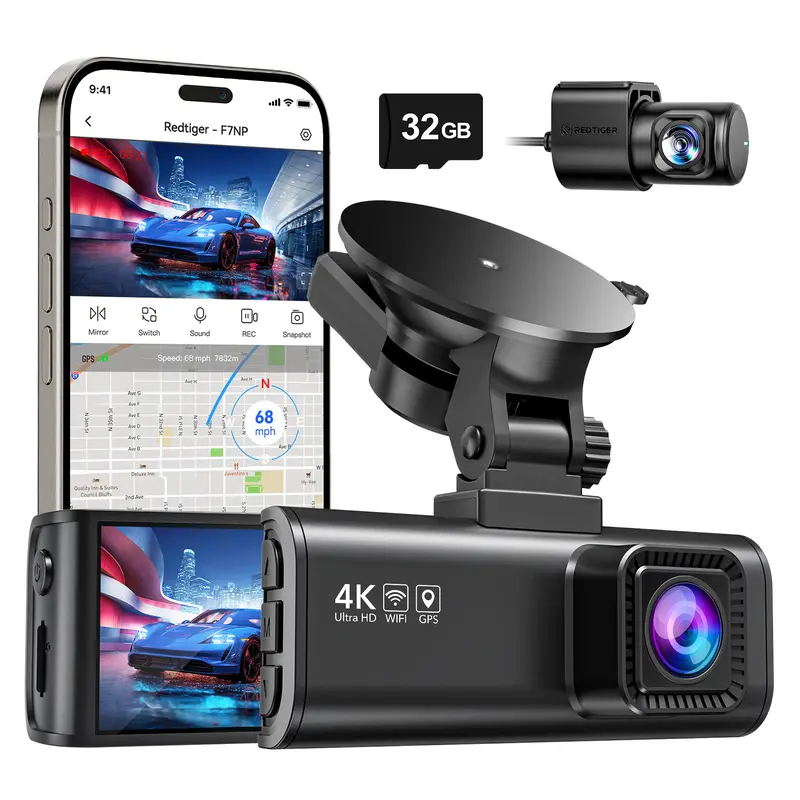 REDTIGER F7NP 4K Front Rear Dash Cam with Double-4 Fuses Free 32GB Card 3.16" IPS Screen Night Vision 170° Wide Angle WDR GPS DVR for Auto Vehicle Holiday Haul