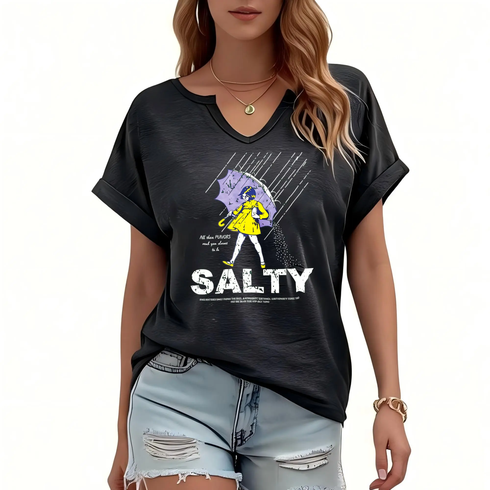 Women's Knit Lightweight Printed T-Shirt - V-Neck, Batwing Sleeves with Rolled Cuffs, Loose Fit, Salty Girl Umbrella in Rain Graphic, Summer Style Top