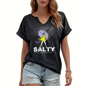 Women's Knit Lightweight Printed T-Shirt - V-Neck, Batwing Sleeves with Rolled Cuffs, Loose Fit, Salty Girl Umbrella in Rain Graphic, Summer Style Top