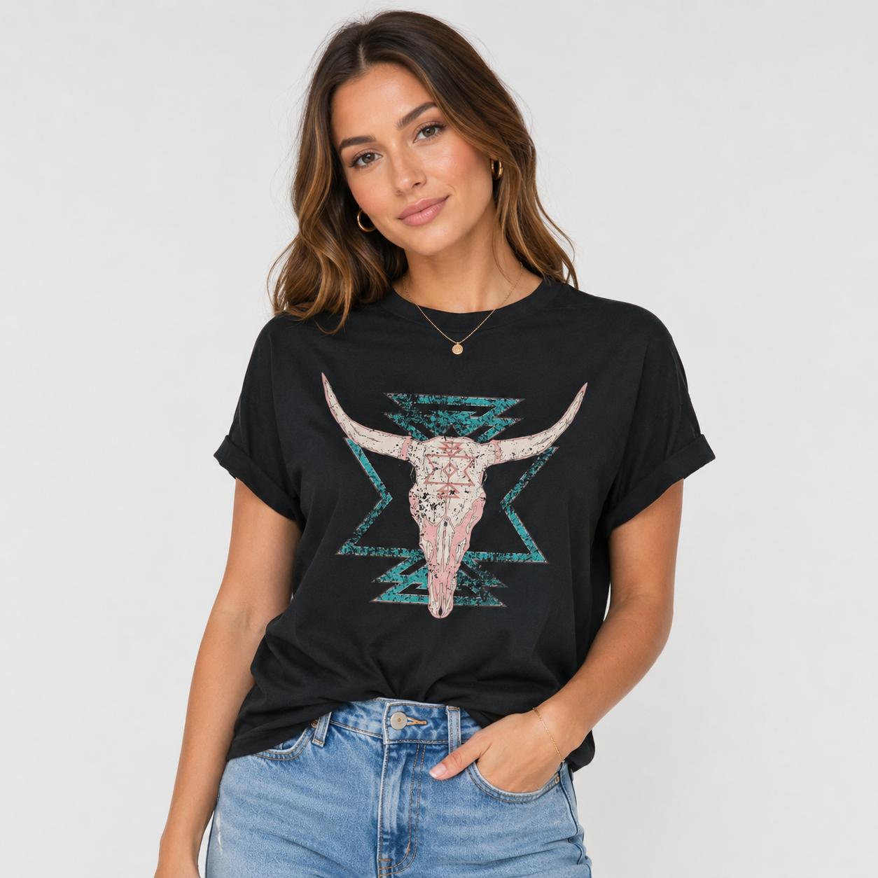 Women’s Cowgirl T-shirt with Boho Skull Graphic, Casual Printed Cotton Shortsleeve Fitted Round Neck Western Top