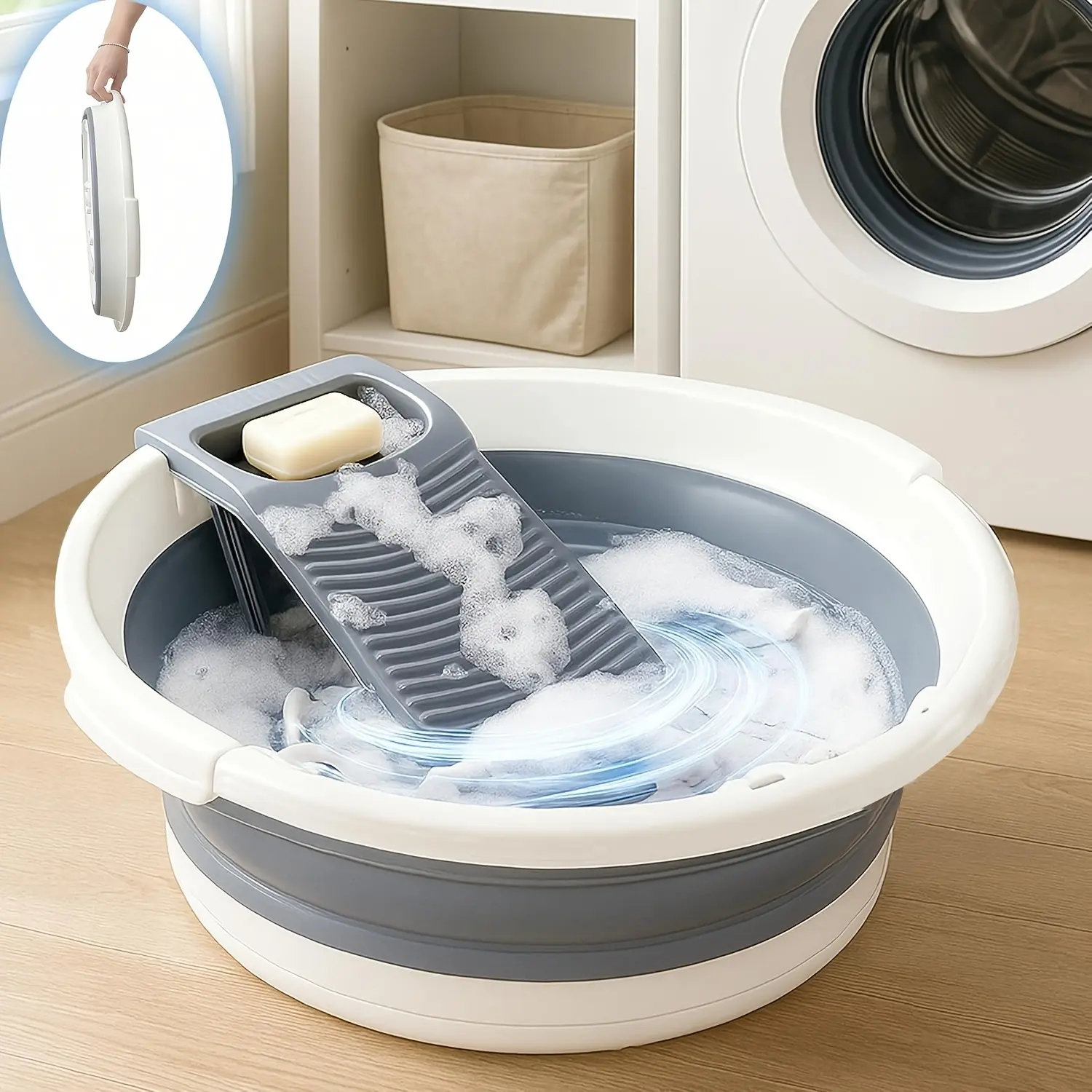 1pc Large Collapsible Laundry Basin with Scrubbing Board & Cleaning Brush, Portable Space-Saving Non-Slip Wash Tub for Clothes, Socks and Delicates, Home, Apartment, Dorm, Travel, Camping & RV Use