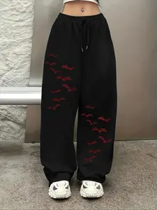 Women's Gothic Red Bat Oversized Sweatpants, Black Streetwear Joggers with Bat Swarm Graphics, Drawstring Casual Pants for Dark Subculture & Y2K Style, Perfect for Gothic Aesthetic & Streetwear Enthusiasts, Casual Loose Pants