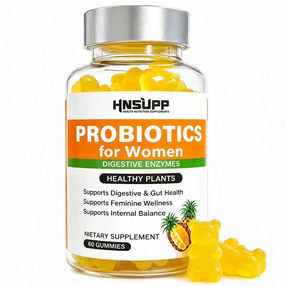 Vegan Women Probiotic Chewable Gummies with XOS FOS Prebiotics & Multi Digestive Enzymes, Non-GMO Gluten Free Dietary Supplement, Support Gut Microbiome & Feminine Wellness, 60 Pineapple Flavor Gummies