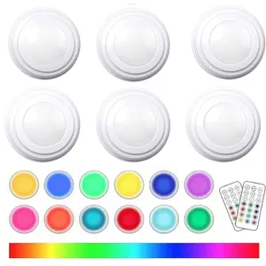 Puck Lights with Remote Control, Battery Operated LED Push Light Wireless, 13 Color RGB - for Closet, Bedroom Wall, Under Cabinet, Battery Powered Puck Lights. Convenient 3M Stick On