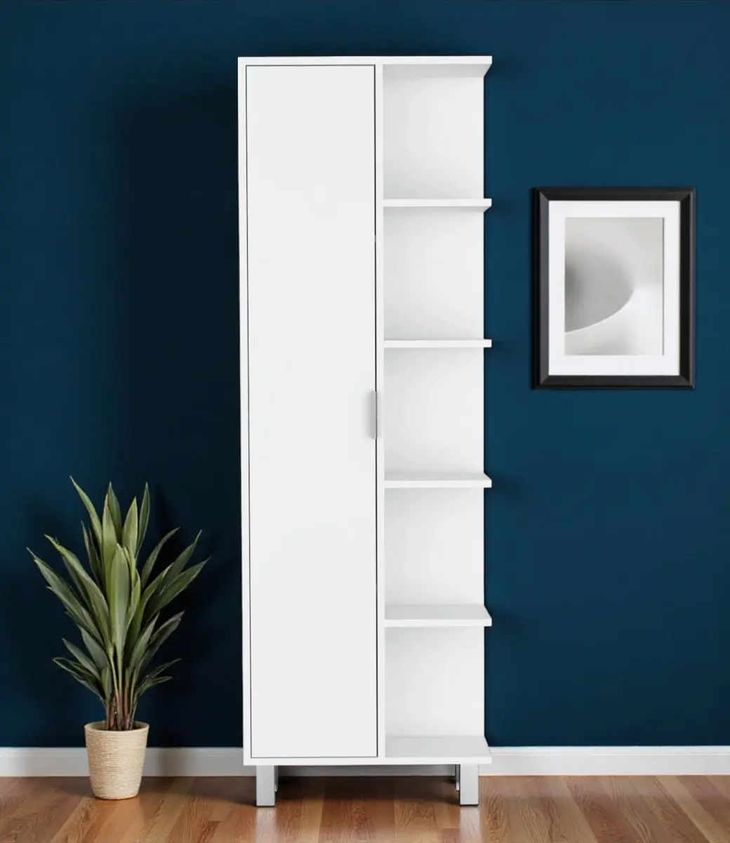 HomeRoots Freestanding Cupboard - White Wooden Single-Door Pantry Cabinet, 63" Tall Flat Panel Indoor Furniture, 62.90x20.90x8.20in, Assembly Required for Kitchen Organization