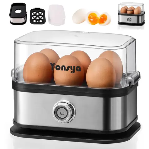 Yonsya 2025 New Smart Electric 6-Egg Cooker - Compact, Sleek Look, Multi-Cook Mode, Rapid Cook Less Wait, Automatic Shut-Off, Stainless Steel Design, Egg Poacher, Omelet Maker, Measure Cup Included, Ideal for Modern Kitchen Healthy Meals