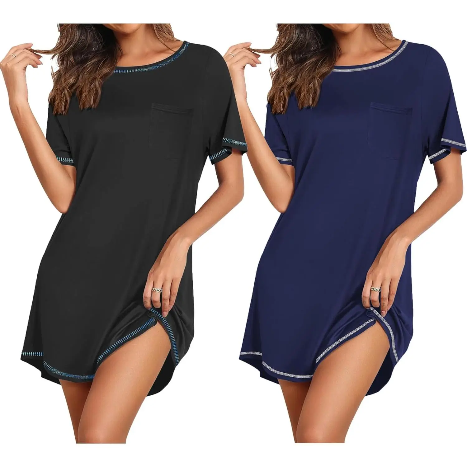 Women's 2-Pack Short-Sleeve Round Neck Nightgowns, Comfortable Pullover Sleepshirts, Mid-Thigh Length Casual Loungewear, Soft Basic Minimalist Womenswear (Sizes S-Small to XXXL-Large), Shortsleeve, Nightwear, Plus Size, Lady