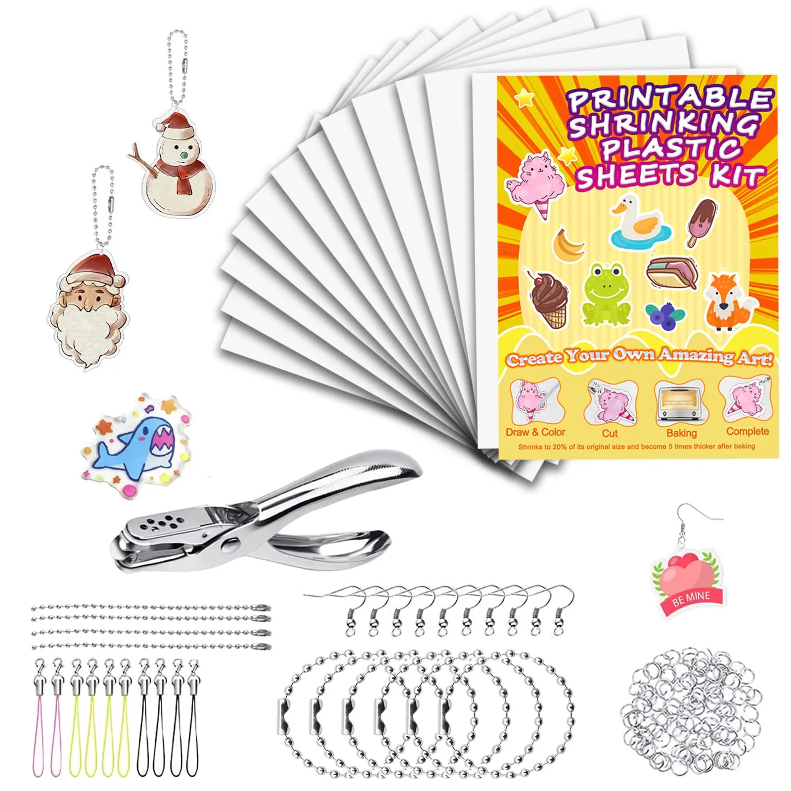 143 Piece DIY Heat Shrink Paper Keychain & Charms Making Kit, Single-Sided Matte Finish Shrinky Plastic Sheets, Complete Craft Supplies with Hole Punch, Lobster Clasps and Jump Rings, Creative Gift for Adults and Teens, Handmade Keychain, Keychain Lanyard