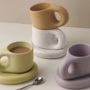 Pure Scuplt Chunky Coffee Mug, Novelty Cup and Saucer, Creative Fat Handle Cup Smooth and Easy-to-Clean Glaze, Dishwasher and Microwave Safe 9 oz