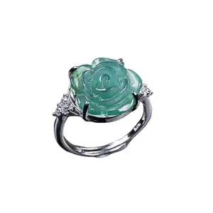 Natural A-grade Jadeite Blue Water Rose Flower Ring Ice Jade Fashion Ring for Women Adjustable